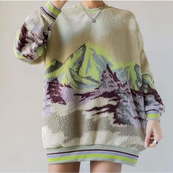 UO Out From Under Sherpa Sweatshirt Landscape Mountain Sherpa Crew Multicolor S - Picture 1 of 13
